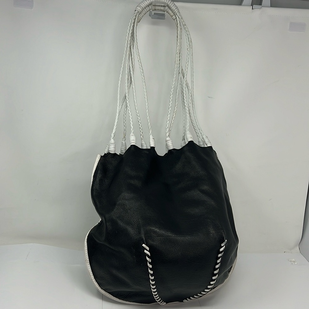 Donald J Pliner Black Leather White Handle Shoulder Tote Bag